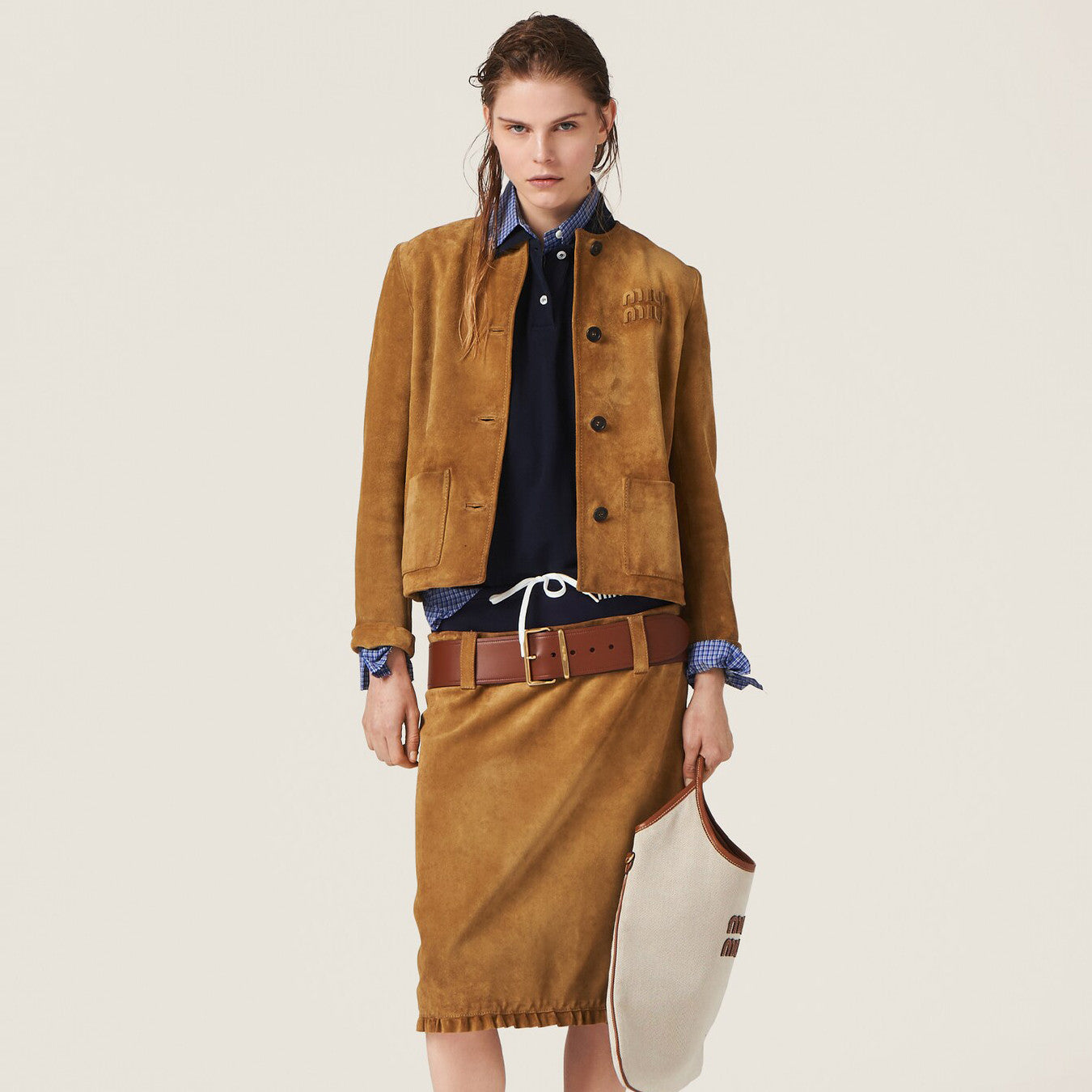 Women's Autumn and Winter Brown Logo Letter Printed Round Neck Single Breasted Long Sleeve Suede Jacket Short Dress Skirt Set Suit #98874