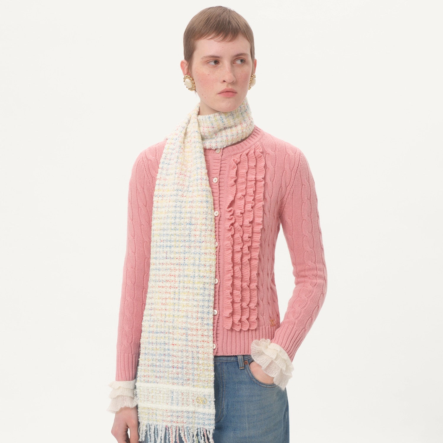 Women's Spring. Autumn And Winter V-Neck Ruffled Solid Color Knitted Sweater Long-Sleeved Cardigan Ngvp #1256