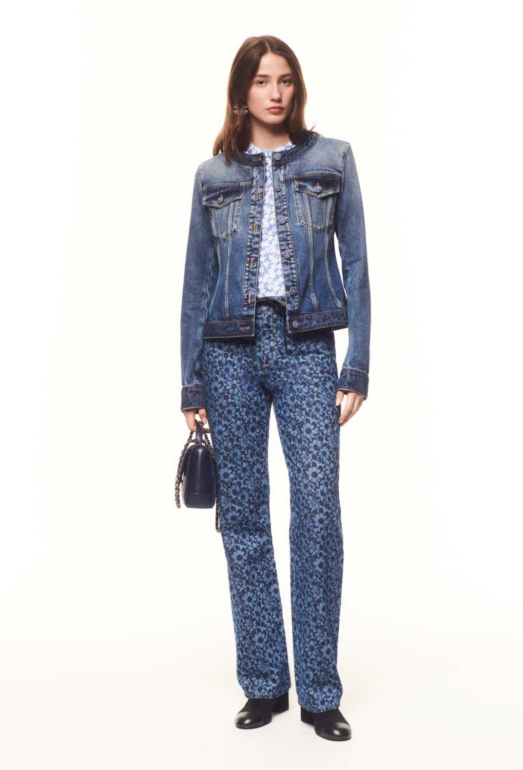 Women's Spring and Autumn Cotton Floral Full Printed Zipper Pocket Blue Denim Straight Leg Pants Casual Shorts Ngvp #9298