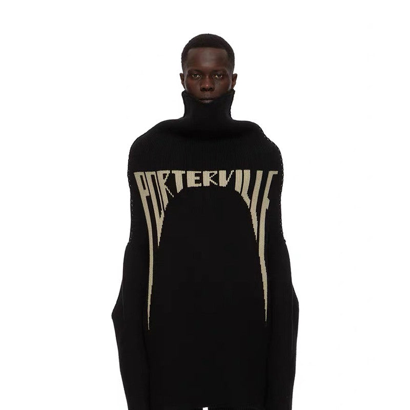 Rick Owens Men's High Neck Letters Jacquard Knit Large Silhouette Casual Long Sleeve Black Sweater For Fall And Winter Ngvp #9431