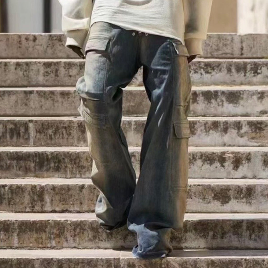 Men's And Women's Seasonal Retro Distressed Gradient Washed Wide Leg Workwear Denim Pants Ngvp #8322