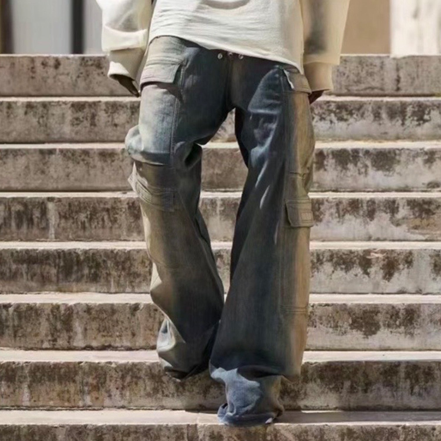 Men's And Women's Seasonal Retro Distressed Gradient Washed Wide Leg Workwear Denim Pants Ngvp #8322