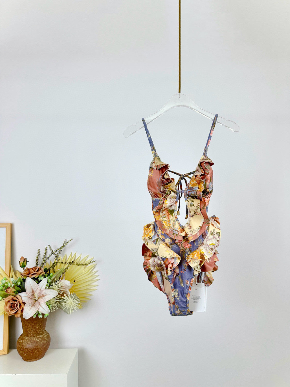 Women's Patchwork Chartreuse Ruffle Halter One-piece Swimsuit #75153