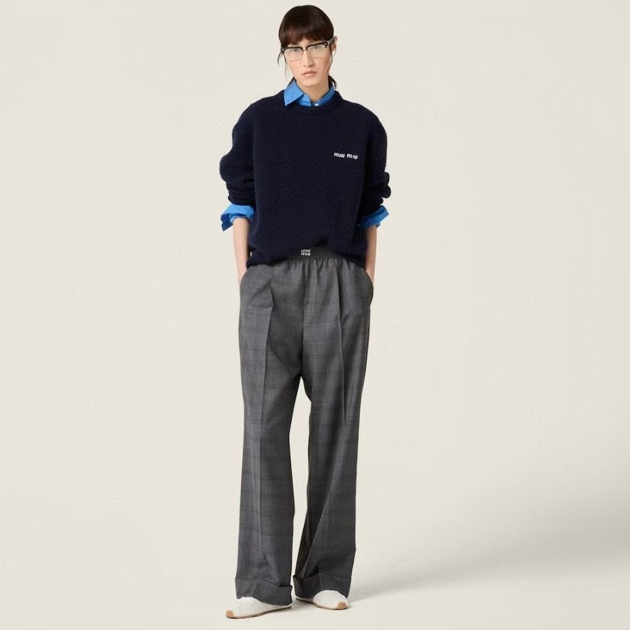 Women's Spring and Autumn Gray Check Elastic Mid Waist Wide Leg Casual Pants #74783