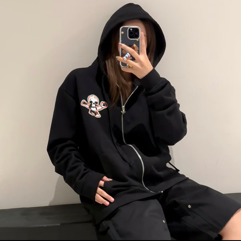 Men's Spring and Fall Black Logo Printed Zipper Long Sleeve Hooded Jacket #72488