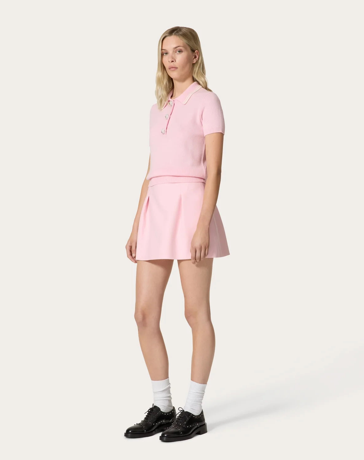 Women's Spring & Autumn Rhinestone Button Pink Lapel Short Sleeve Wool Knit Sweater Ngvp #9278