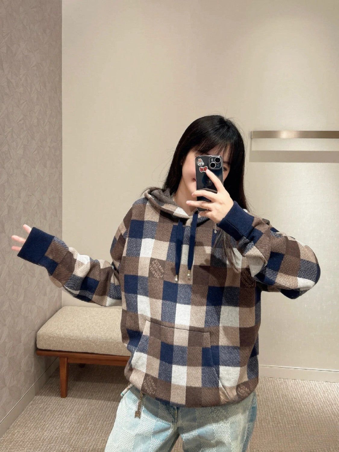 Men's Spring and Autumn Plaid Letter Logo Wool Hooded Long Sleeve Sweatshirt Pullover #72587