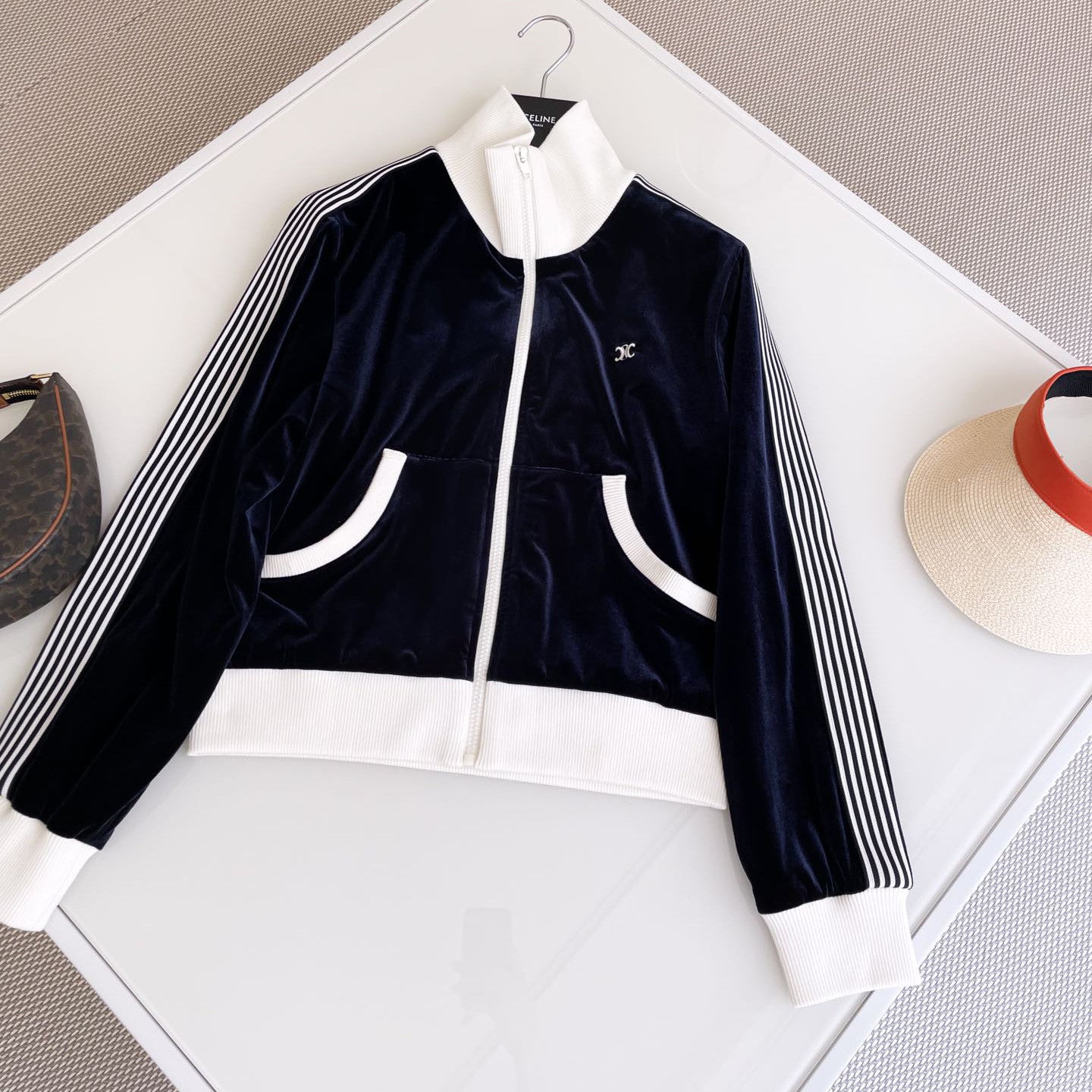 Women's Spring and Autumn Navy Blue Stripe Printed Zipper Plain Knit Jacket Lace-Up Lounge Pants Set Suit #72867