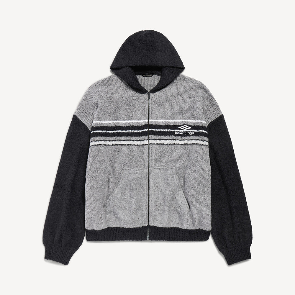 Men's Fluffy Zip-up Hoodie Grey Black White Cardigan Fashion Color-Block Knit with Logo Embroidery  #82428A