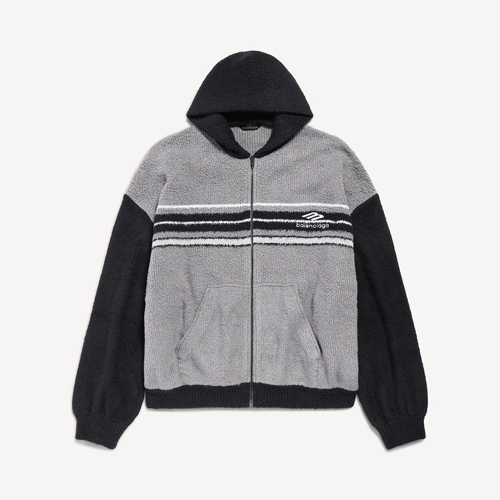 Men's Fluffy Zip-up Hoodie Grey Black White Cardigan Fashion Color-Block Knit with Logo Embroidery  #82428A