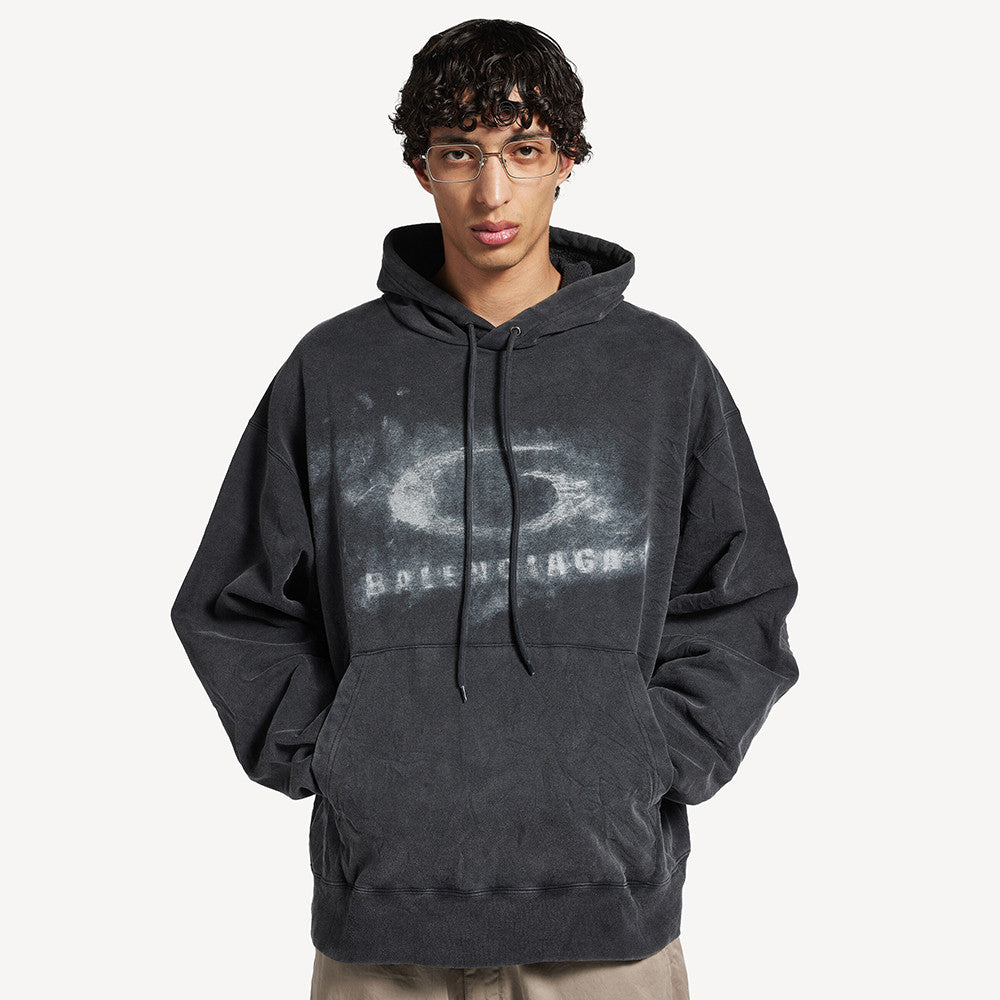 Men's Washed Crayon Loop Oversized Hoodie in Washed Black White Sweatshirt #82562A