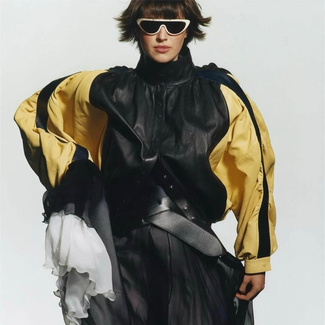 Women's Spring And Autumn Collar Pleated Sheepskin Jacket Single-breasted Color Blocking Casual Fashion Jacket Ngvp #8698