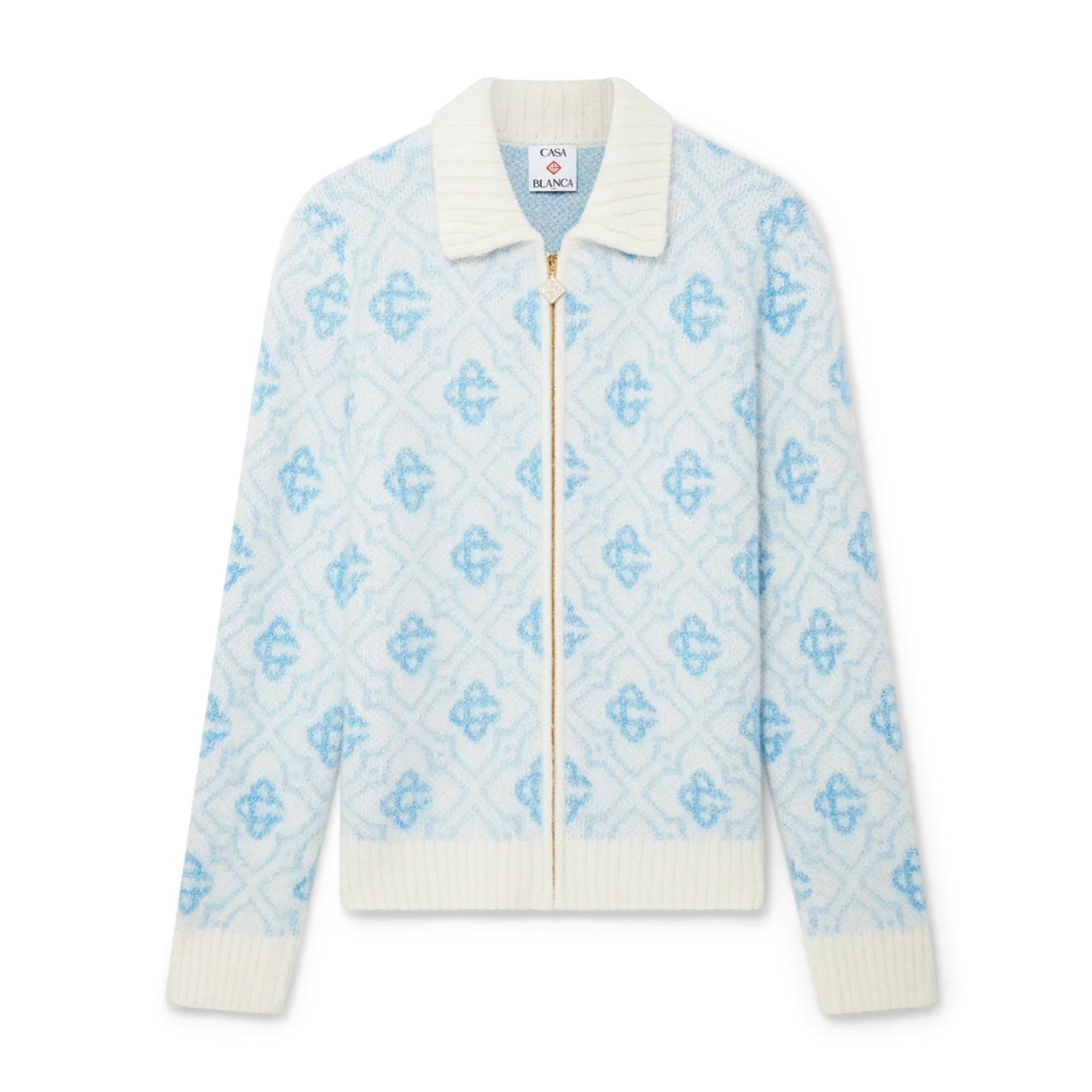 Men's Fall/Winter Blue & White Letter Checkered Color-Block Knit Cardigan Jacket Fashionable Casual Zipper-Front Knit Cardigan #193193