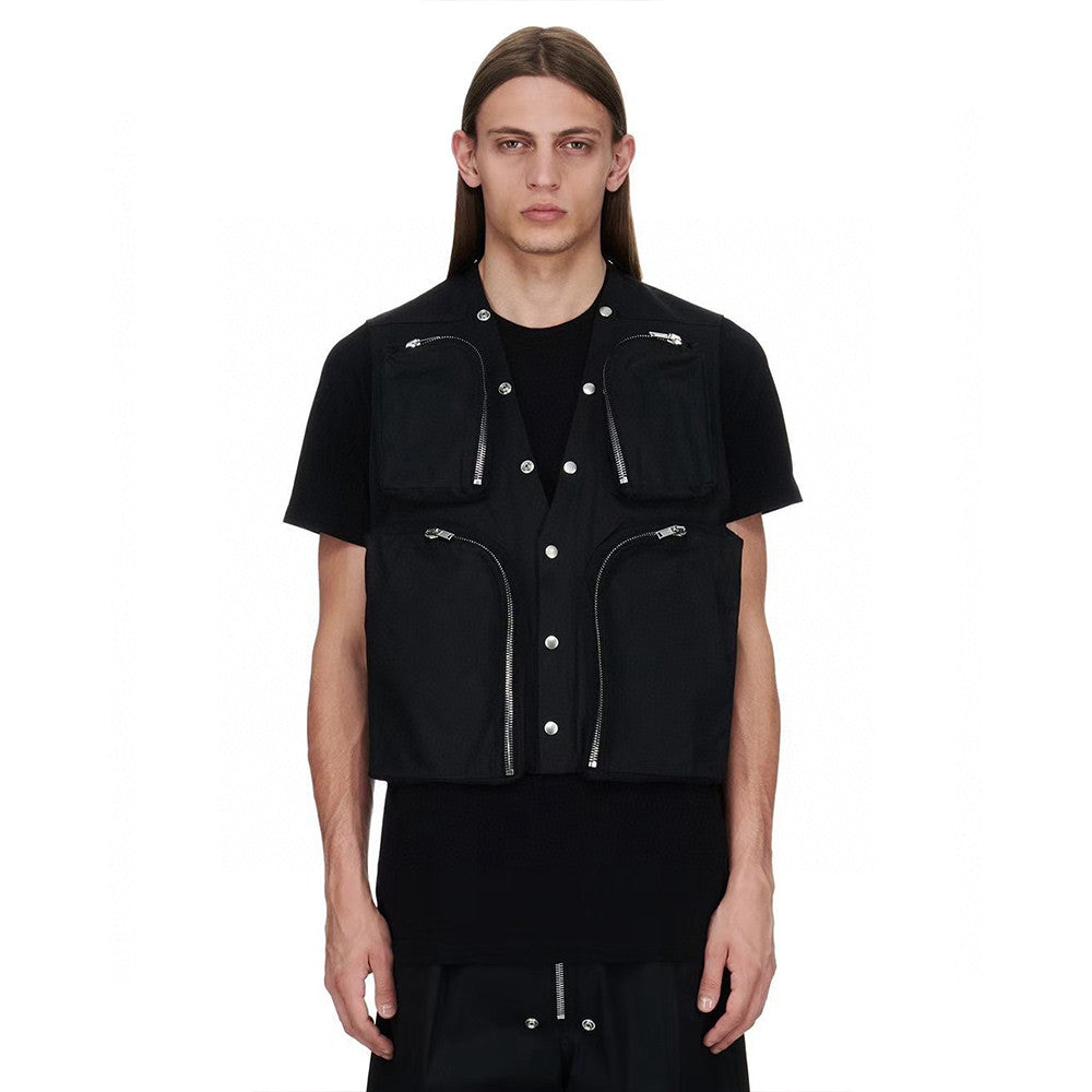 Men's Spring And Autumn V-neck Hollowed Out Multi-pocket Cotton Solid Color Sleeveless Workwear Vests Ngvp #9547