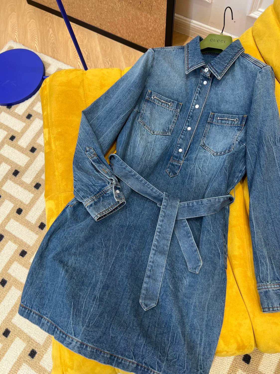 Women's Spring And Autumn Fashion Blue Denim Dress Vintage Silhouette Belted Shirt Dresses #71483