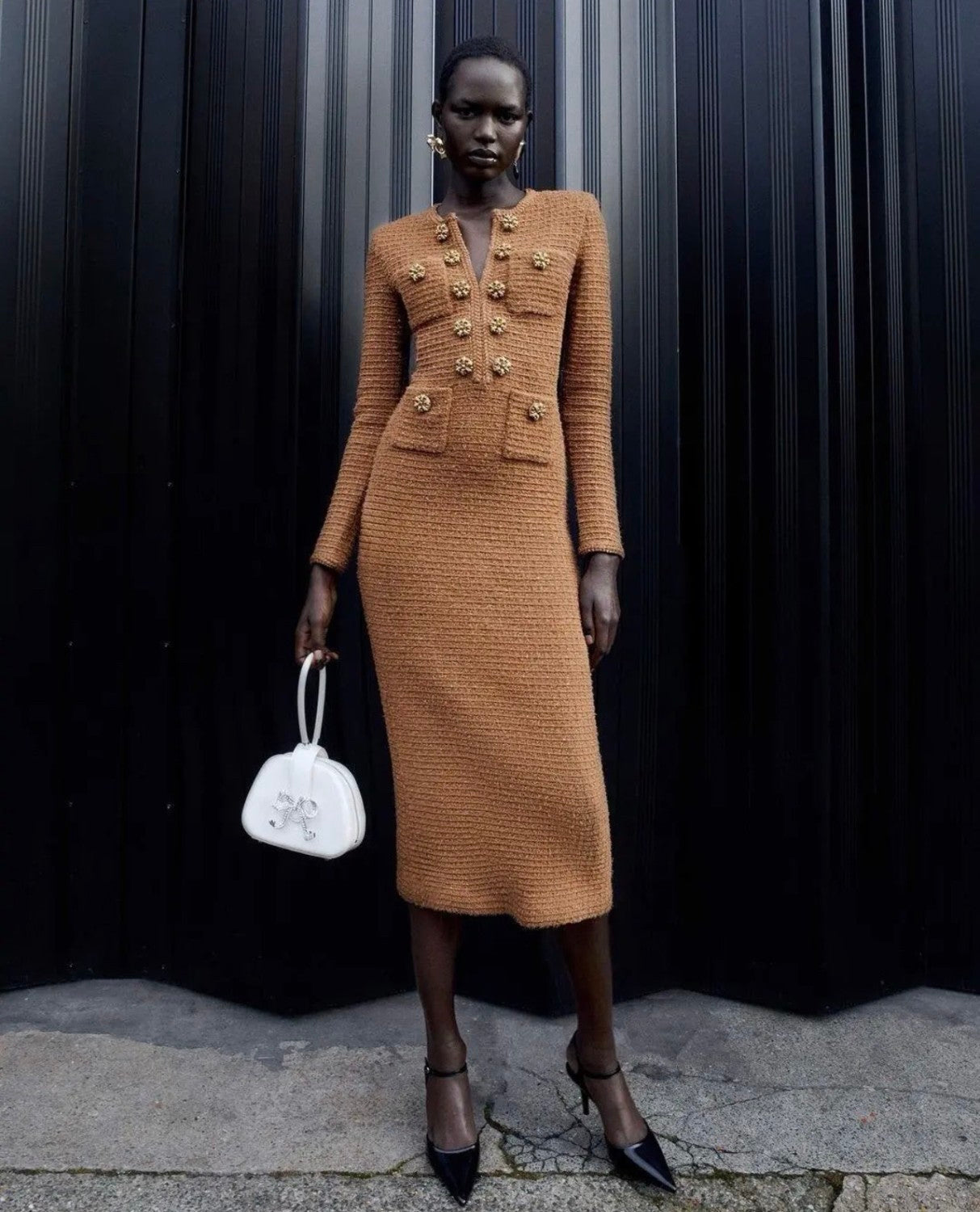 Self-portrait Women's Four Seasons Vintage Round Neck Solid Color Knit Long Sleeve Fitted Dresses Ngvp #9819