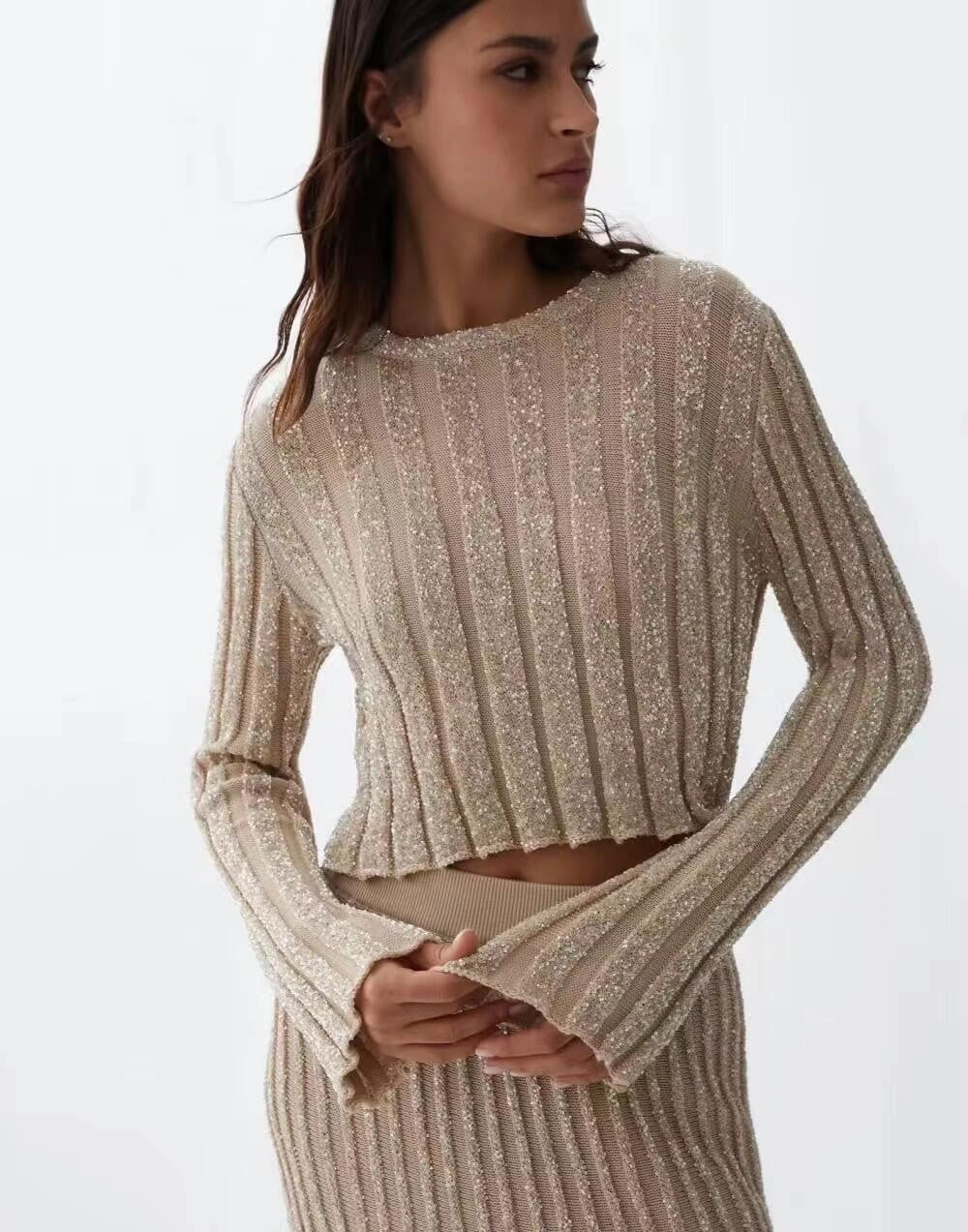 Women's Spring And Autumn Solid Color Striped Sequins Long Sleeve Short Round Neck Fitted Knit Sweater Casual High Waist A-line Half Skirt Ngvp #9269