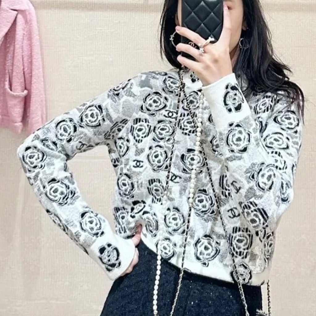 Women's Fall And Winter Sequin Cashmere Sweater Camellia Logo Jacquard Knit Pullover Sweater Knitted #71656