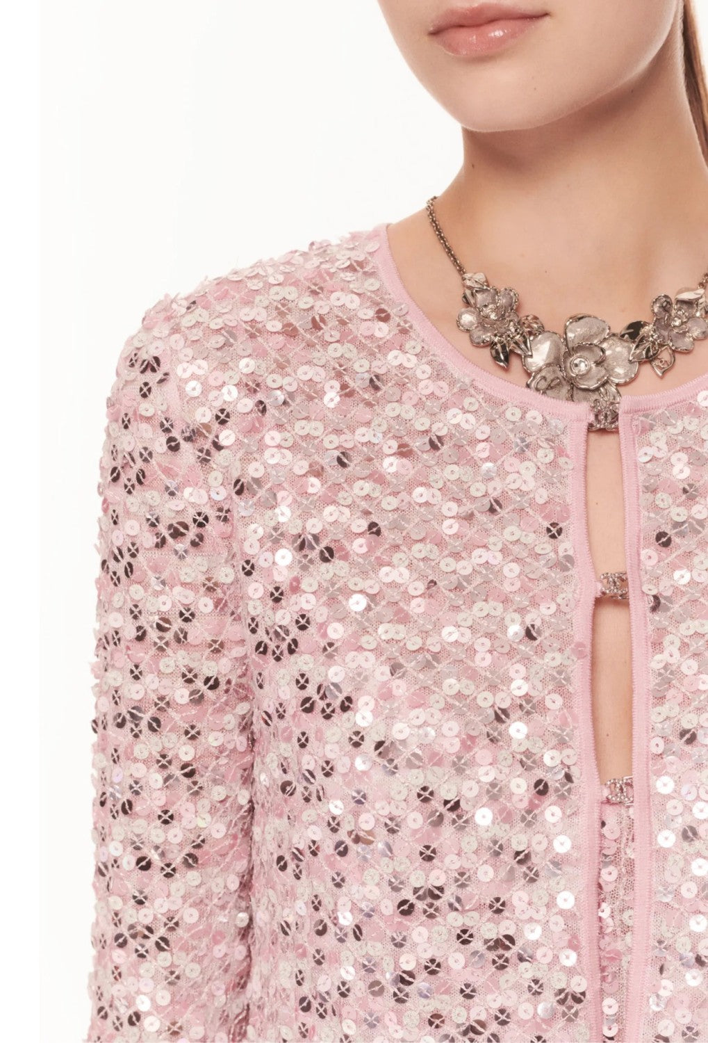 Women's Spring And Summer Sequin Design Round Neck Single-breasted Pink Long sleeved Knit Sweater Jacket Ngvp #73656
