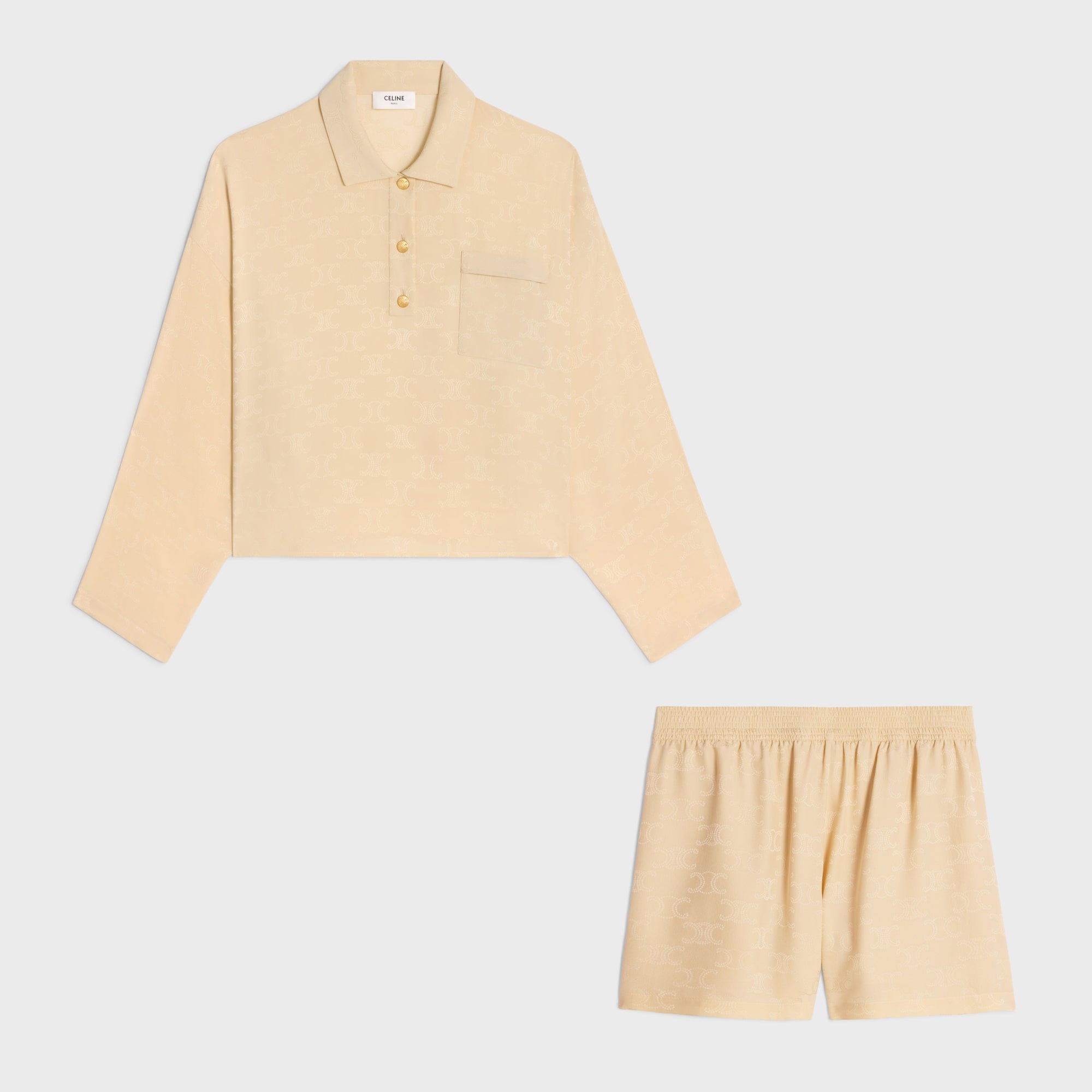 Women's Solid Color Logo Pocket Loose Long Sleeve Polo Shirt Elastic Casual Shorts Set Suit #72283