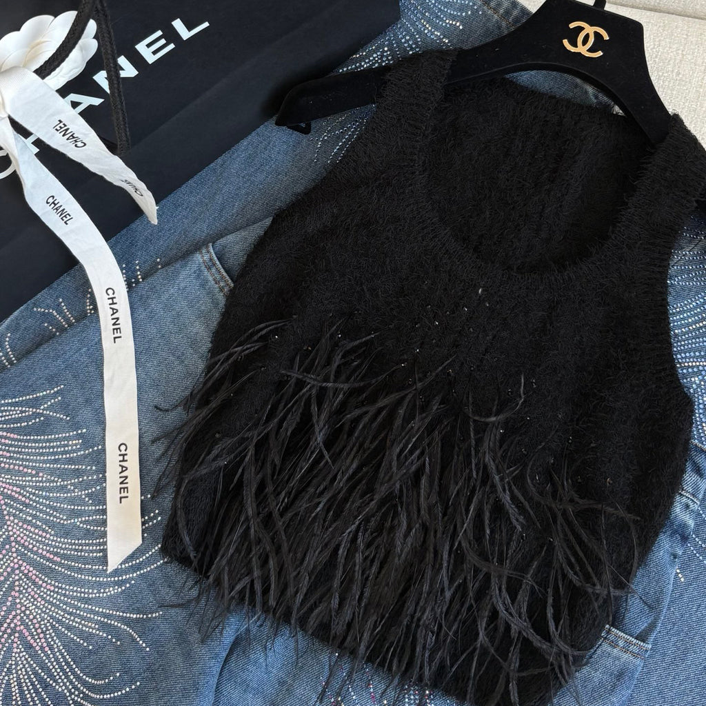 Women's High Street Spring And Summer Solid Color Feather Hot Drill U Neck Cotton Silk Sleeveless Pullover Undershirts Vest Ngvp #1547