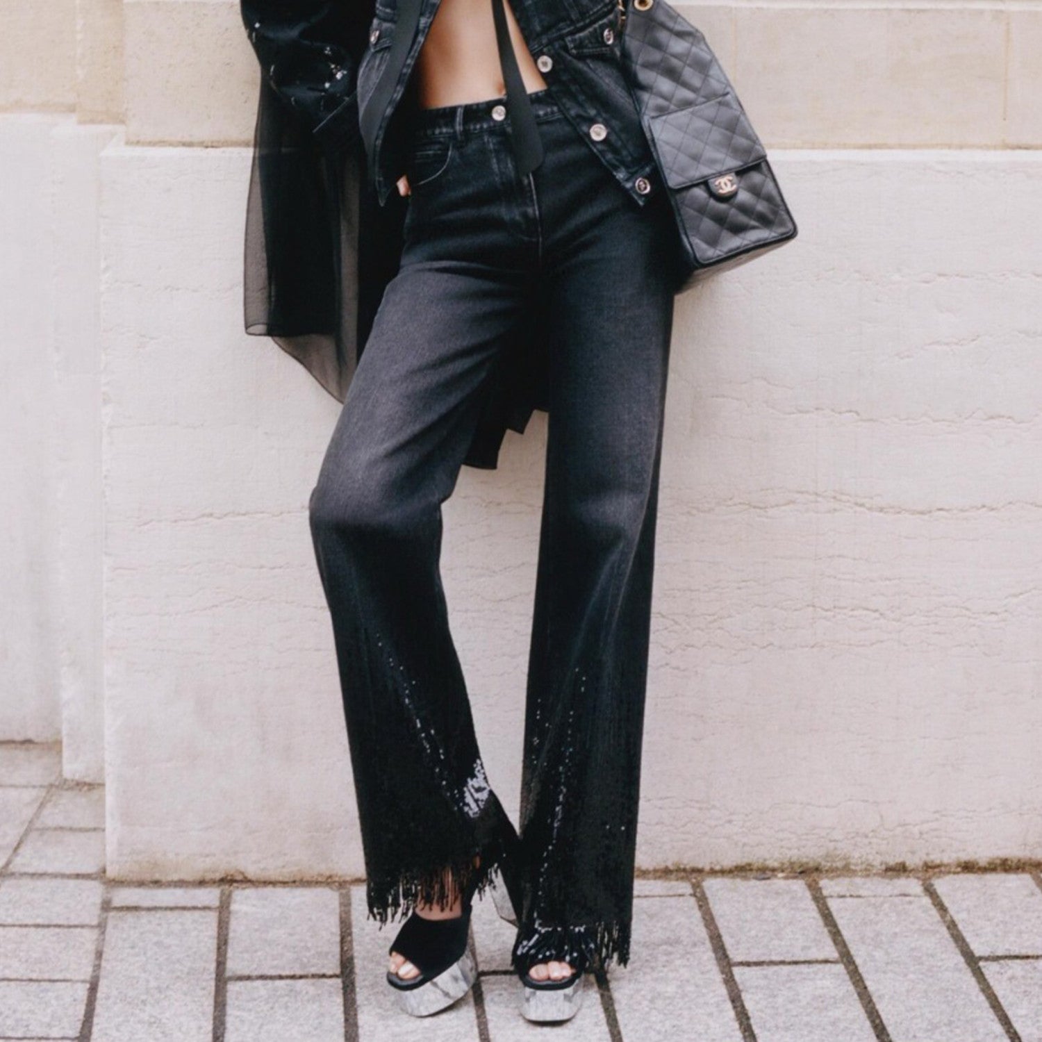 Women's Spring/summer Sequined Fringe Straight-leg Pants Black And White Denim Loose-fit Wide-leg  Long Pants Trousers Ngvp #2169