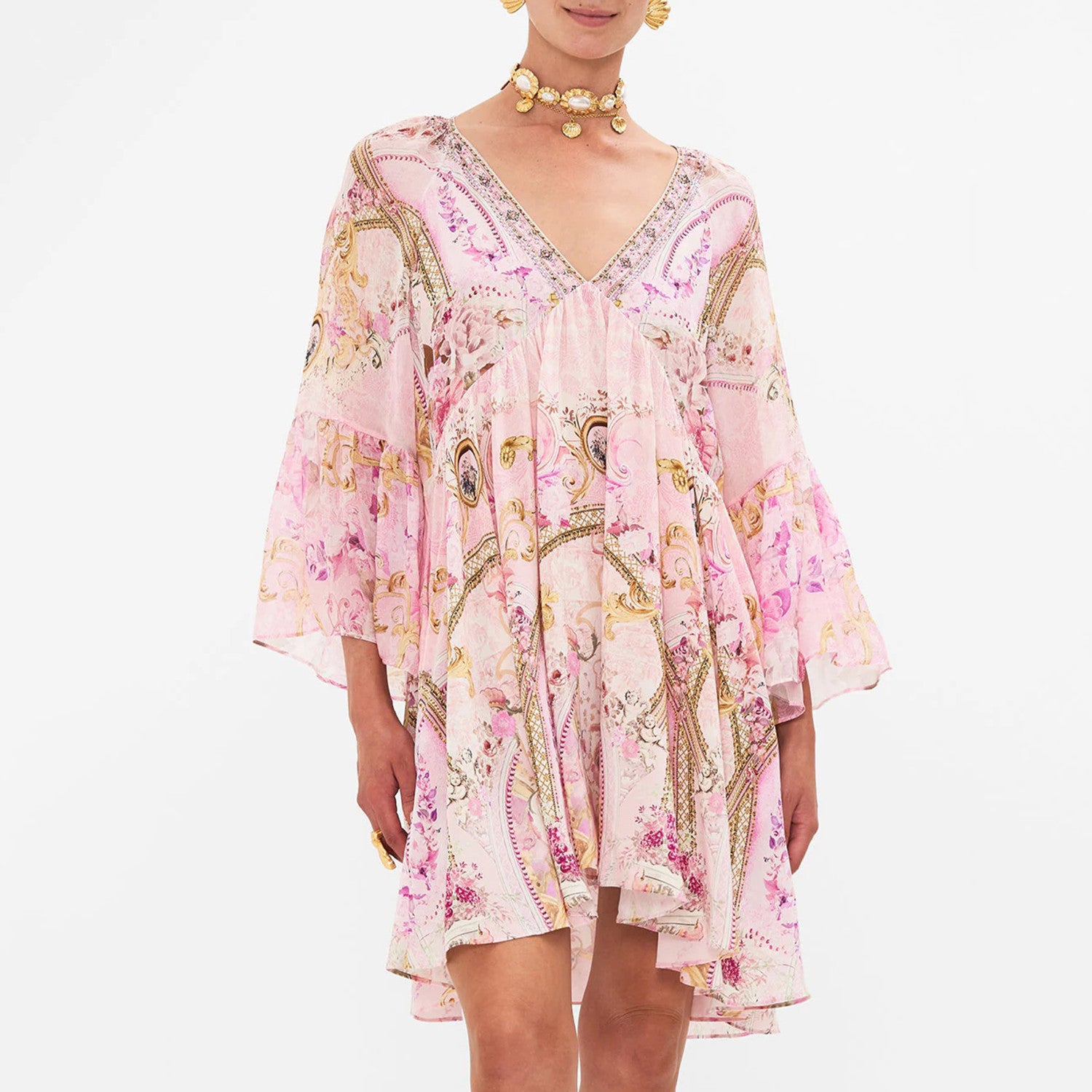 Camilla Women's Summer V-Neck Sexy Flared Sleeve Floral Printed Loose Silk Long Sleeve Dresses Ngvp #8823