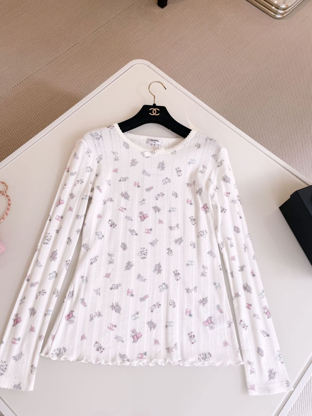 Women's Summer White Bow Rhinestone Hollow Lace Knit Long Sleeve Top #74473