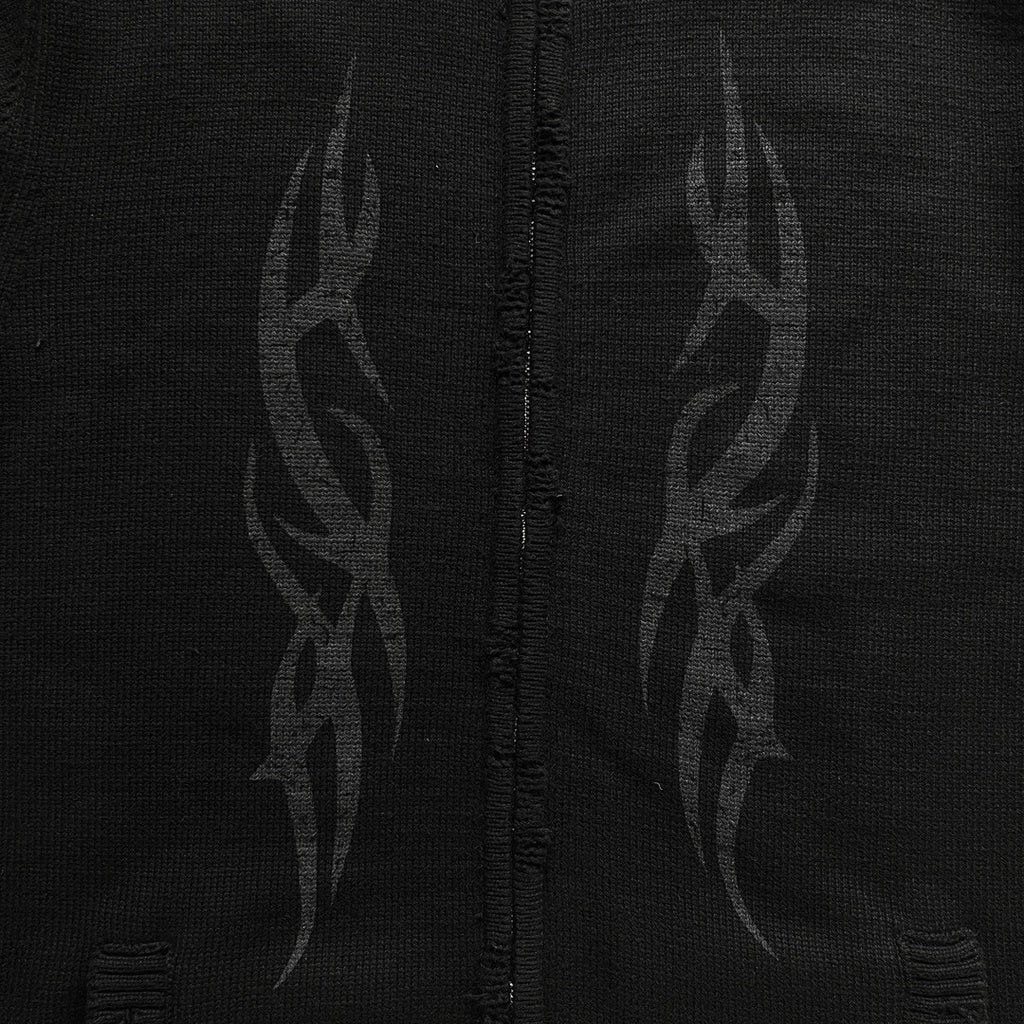 Men's Spring And Autumn Y2K Old High Neck Zipper Pattern Printed Black Long Sleeve Loose Knit Cardigan Jacket Ngvp #9479