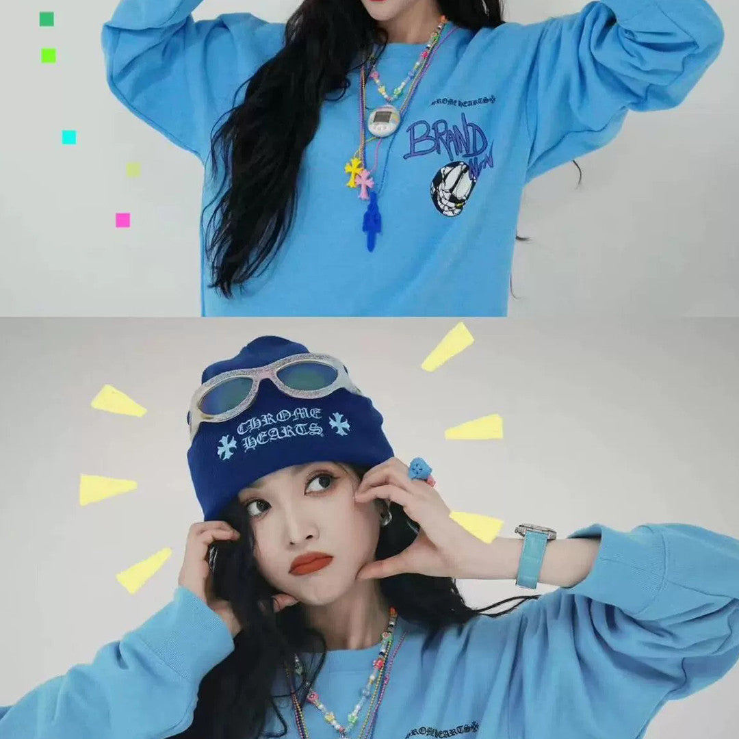 Men's Women's Spring Summer Fashion Letter Graffiti Blue Round Neck Long Sleeve Top #98727