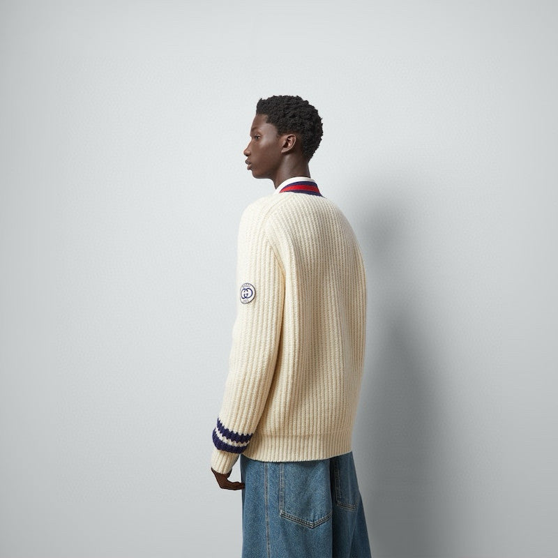 Men's Beige Colour Block Stripe V-Neck Single Breasted Long Sleeve Knitted Cardigan #97871