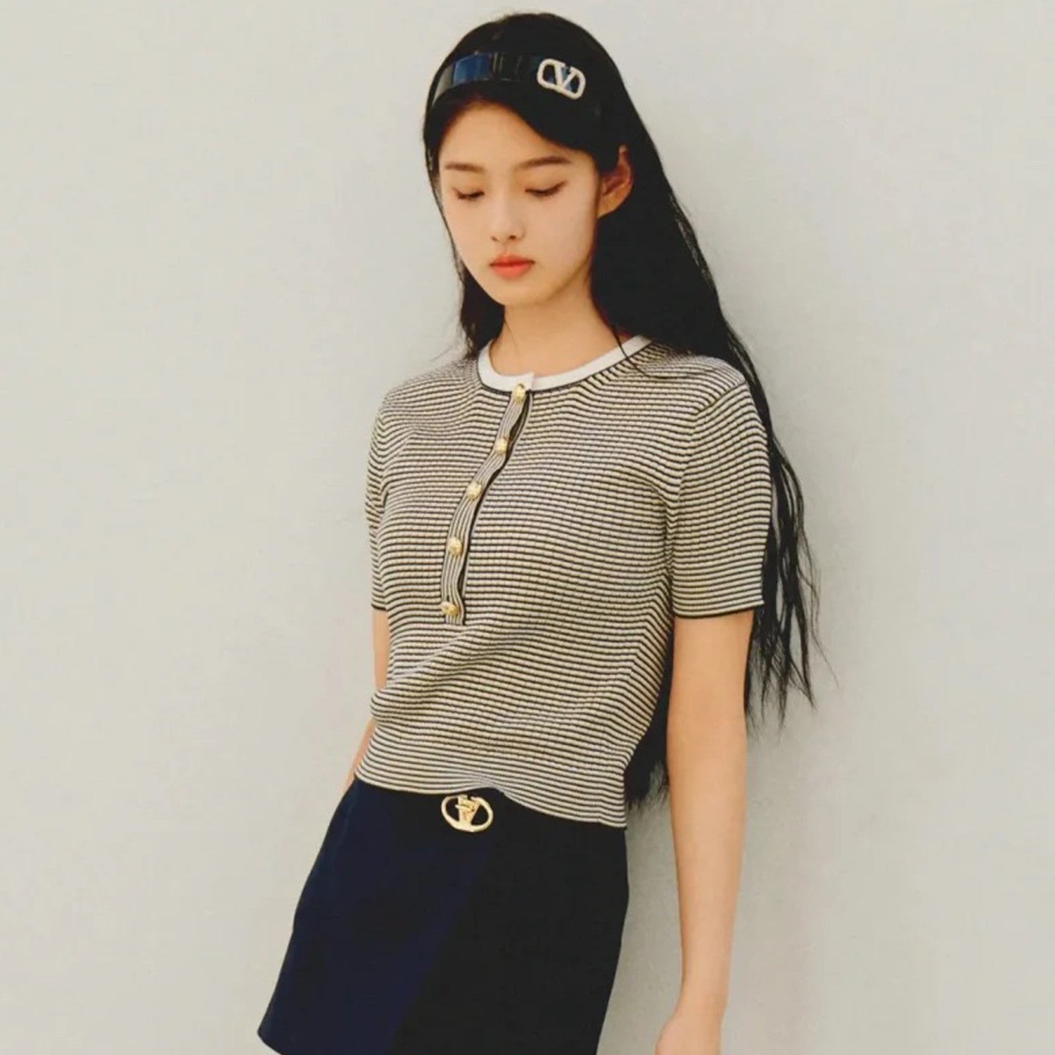 Women's Summer Striped Colorblocking Knit Short Sleeve Top Fashion Casual Fit Round Neck Button Down T-shirt Ngvp #8937