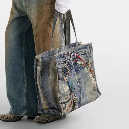 Acne Studios Women's Fashion Retro Color-Block Logo Denim Patchwork Print Tote Bag Shoulder Bag Bags #78793