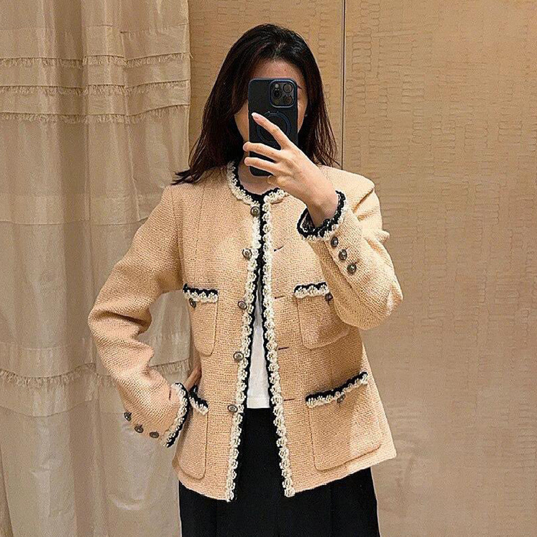Women's Spring & Autumn Colorblocking Round Collar Tweed Single Breasted Long Sleeve Fitted Multi-Pocket Jacket CoatNgvp #8817
