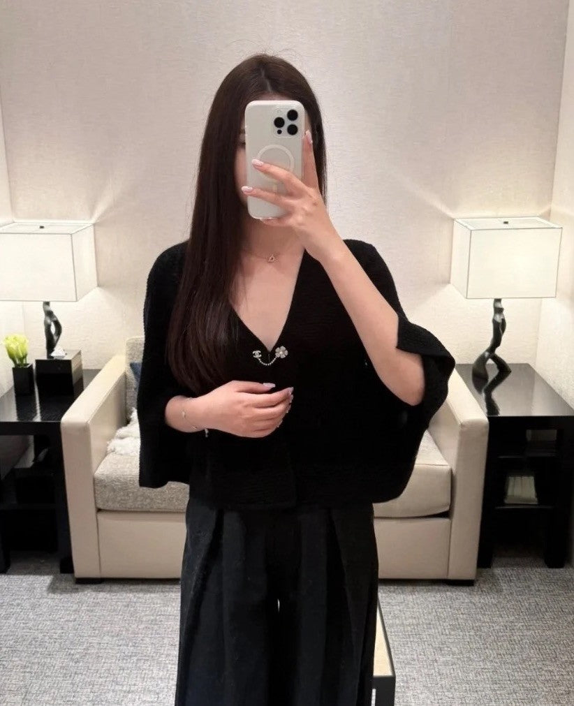 Women's Spring And Autumn V-Neck Drill Button Solid Color Cashmere Viscose Fiber Knit Bat Sweater Cardigan #76227