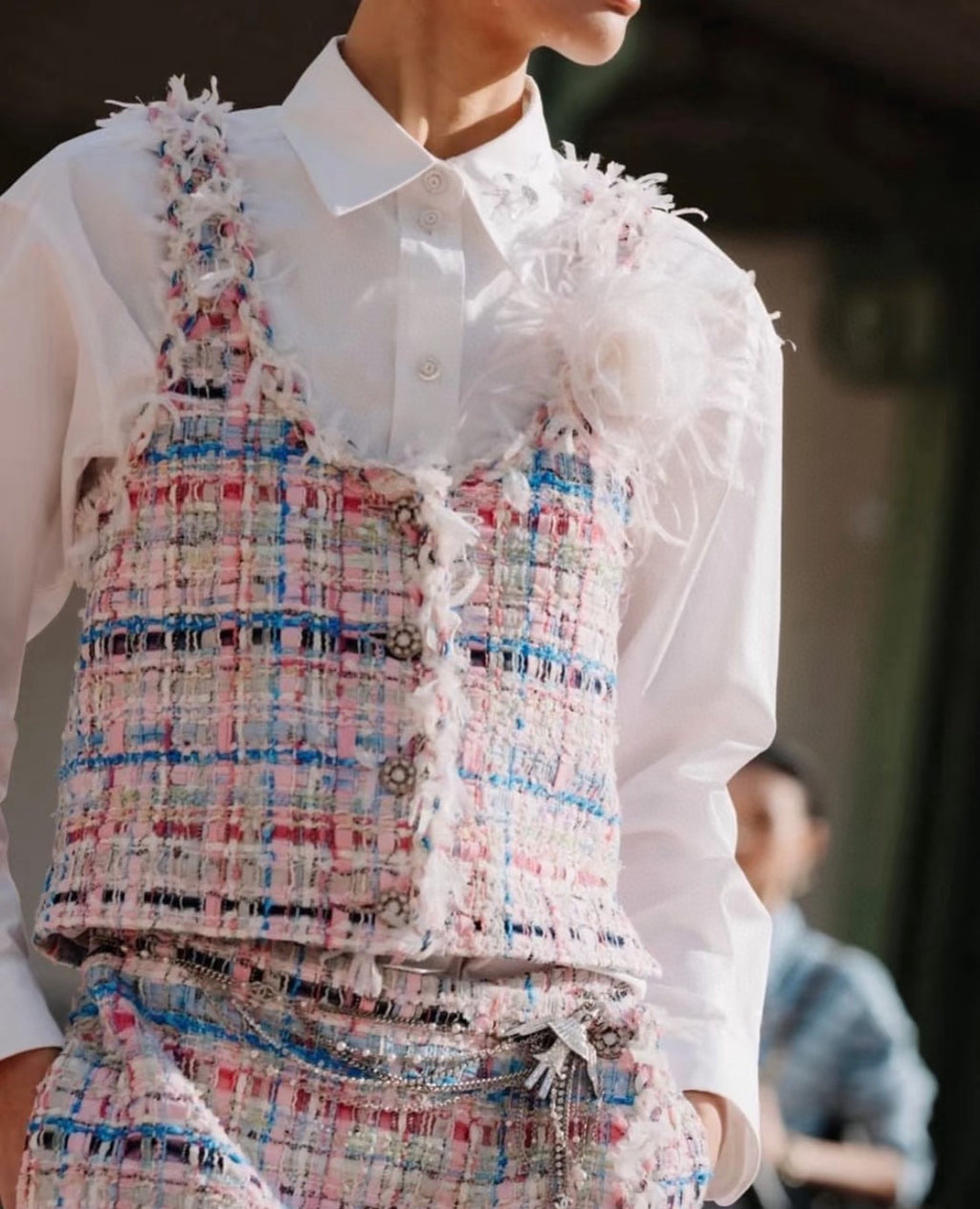 Women's Spring And Autumn High Street Cotton And Silk Tweed Multicolor Round Neck Sleeveless Vest Casual Mid Waist Shorts Ngvp #1551