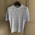 Women's Summer Blue Letter Jacquard Knit Round Neck Short Sleeve T-Shirt #73563