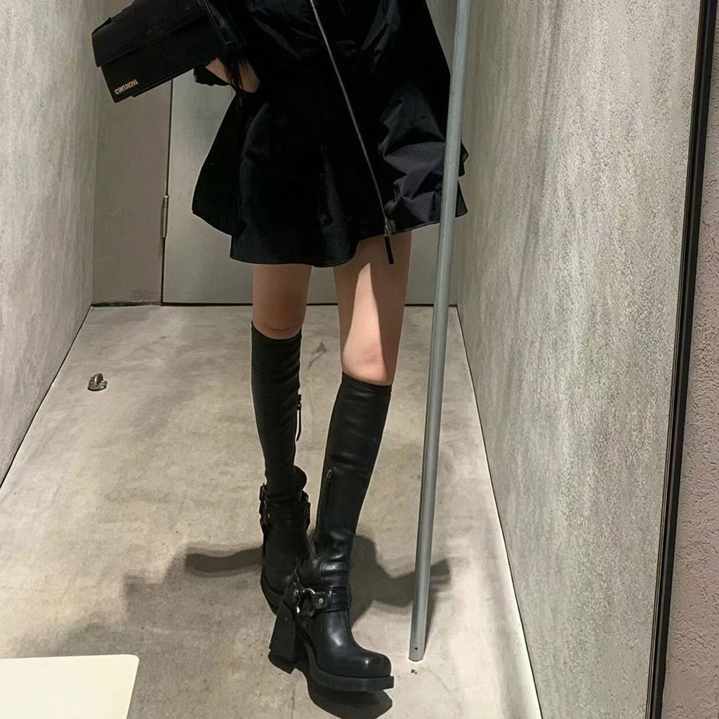 Acne Studios Women's Square Head Round Buckle Biker Boots Shoes Cowhide High Heel Elastic New Thick Heel Thick Bottom Knight Boots Long Tube Skinny Boots Ngvp #9856