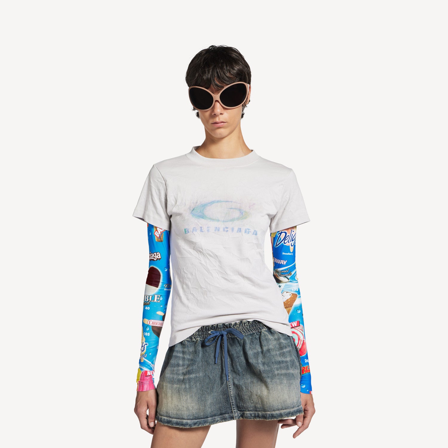 Washed Crayon Loop Distressed White And Blue Stretch Plain Weave Double-sleeve T-shirt Faux Two-piece Long-sleeve T-shirt For Women Spring/summer #194398