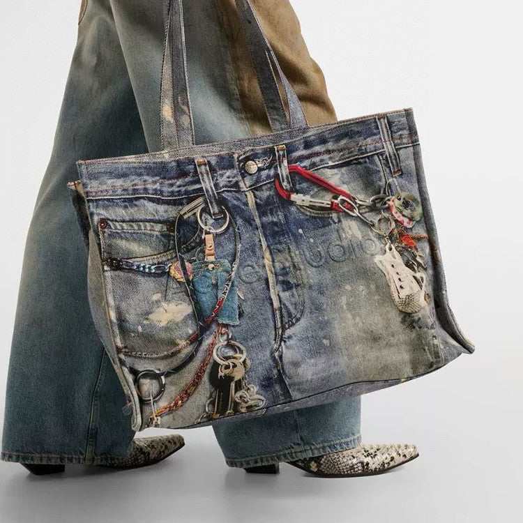 Acne Studios Women's Fashion Retro Color-Block Logo Denim Patchwork Print Tote Bag Shoulder Bag Bags #78793