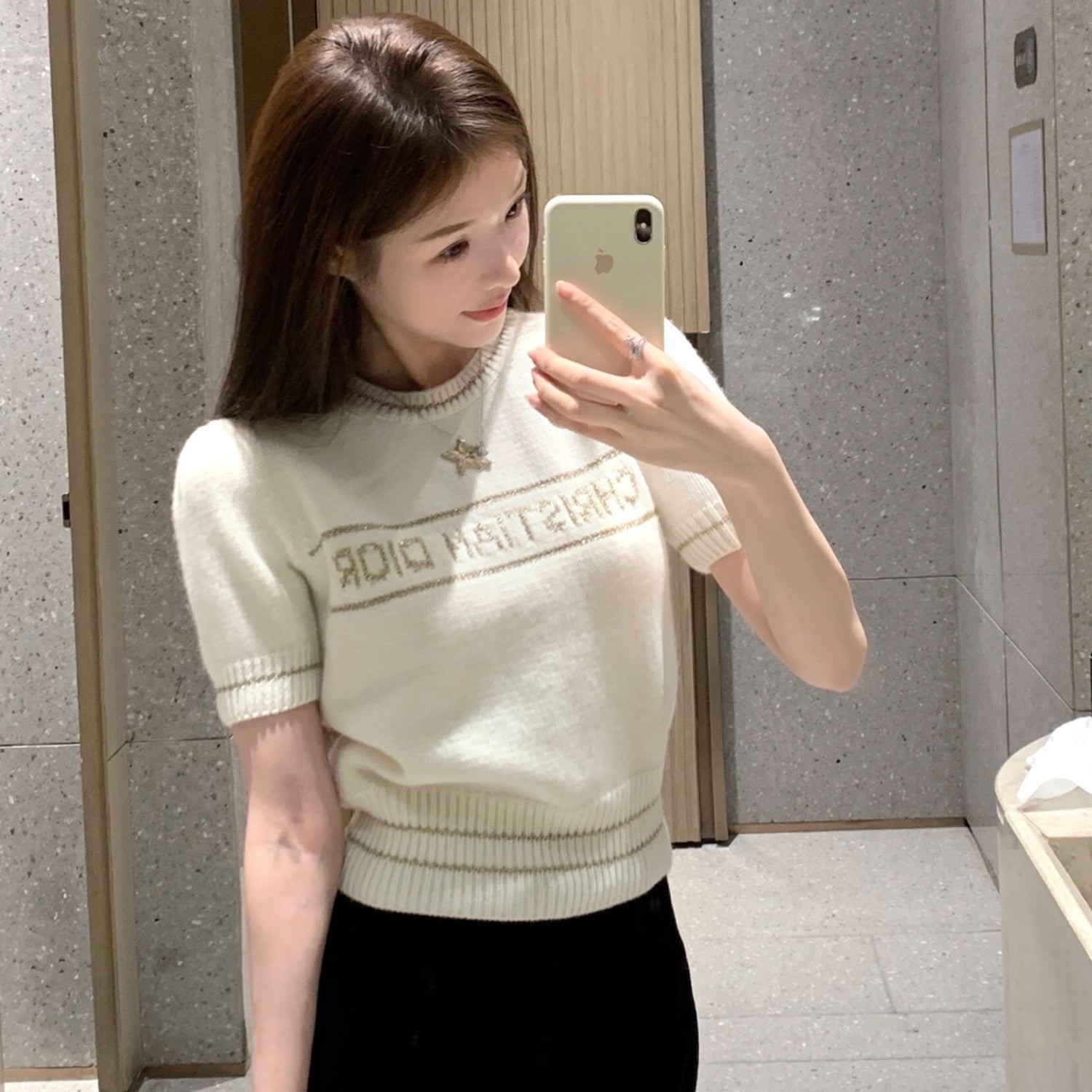 Women's Wool Blend Knit Short Sleeve Top Round Neck Fashion Temperament Short T-Shirt Knitwear #81137