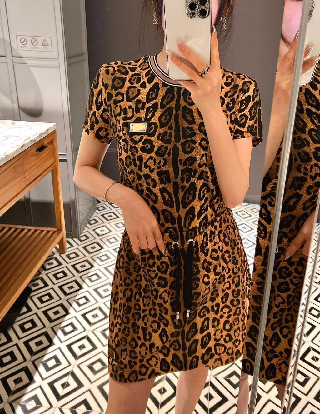 Women's Summer Leopard Crespo Cotton Round Neck Short Sleeve T-Shirt Casual Mini Skirt #71648