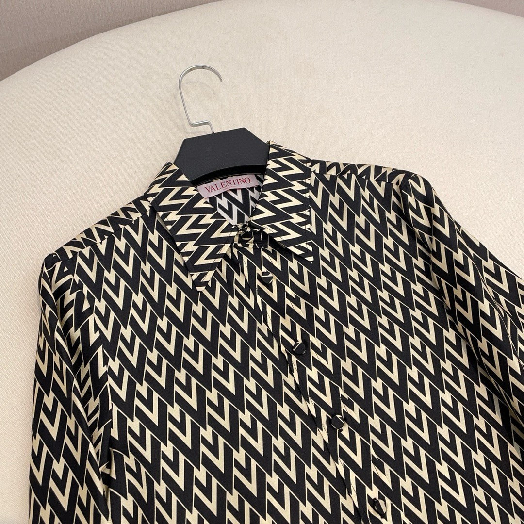 Women's Summer Solid Color Letter Printed Silk Lapel Single Breasted Long Sleeve Shirt #74645