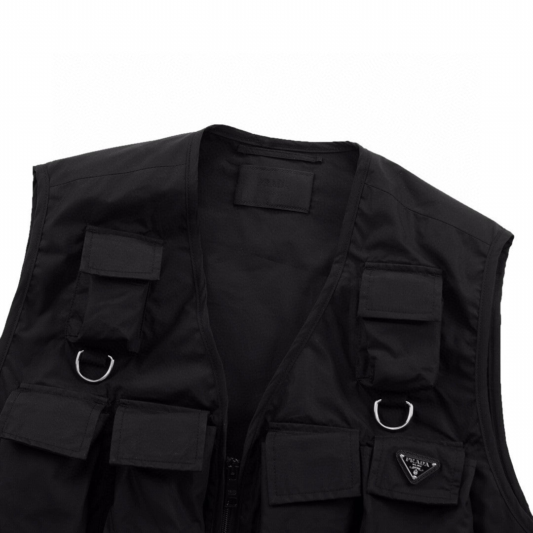 Men's Summer Black Logo Patch Pocket V-Neck Zipper Casual Vest Jacket #98664