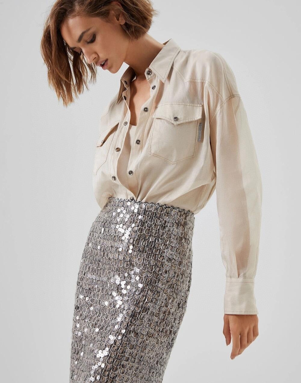 Women's Spring Summer Autumn Silver Sequins Mid-Length High Waist Fit Casual Half Skirt Ngvp #8952