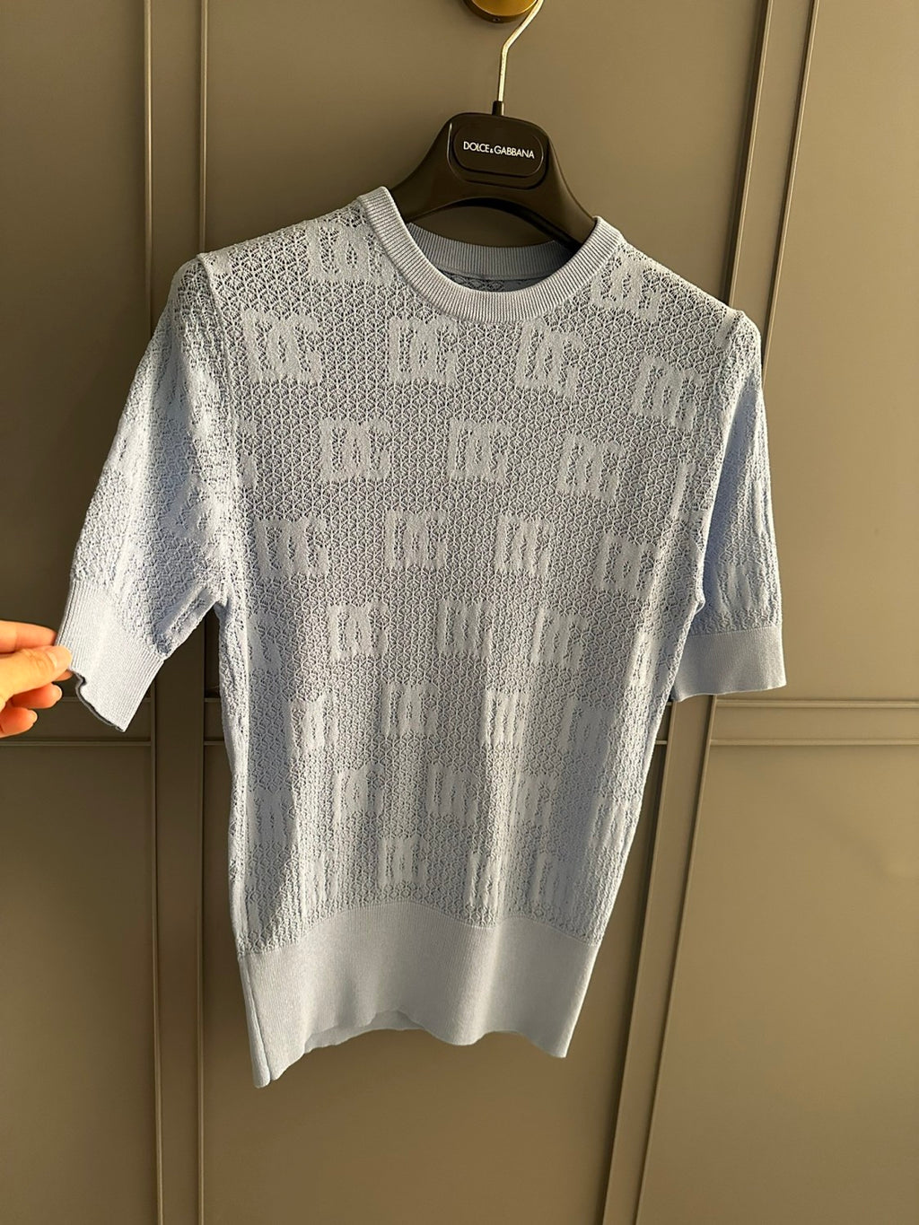 Women's Summer Blue Letter Jacquard Knit Round Neck Short Sleeve T-Shirt #73563