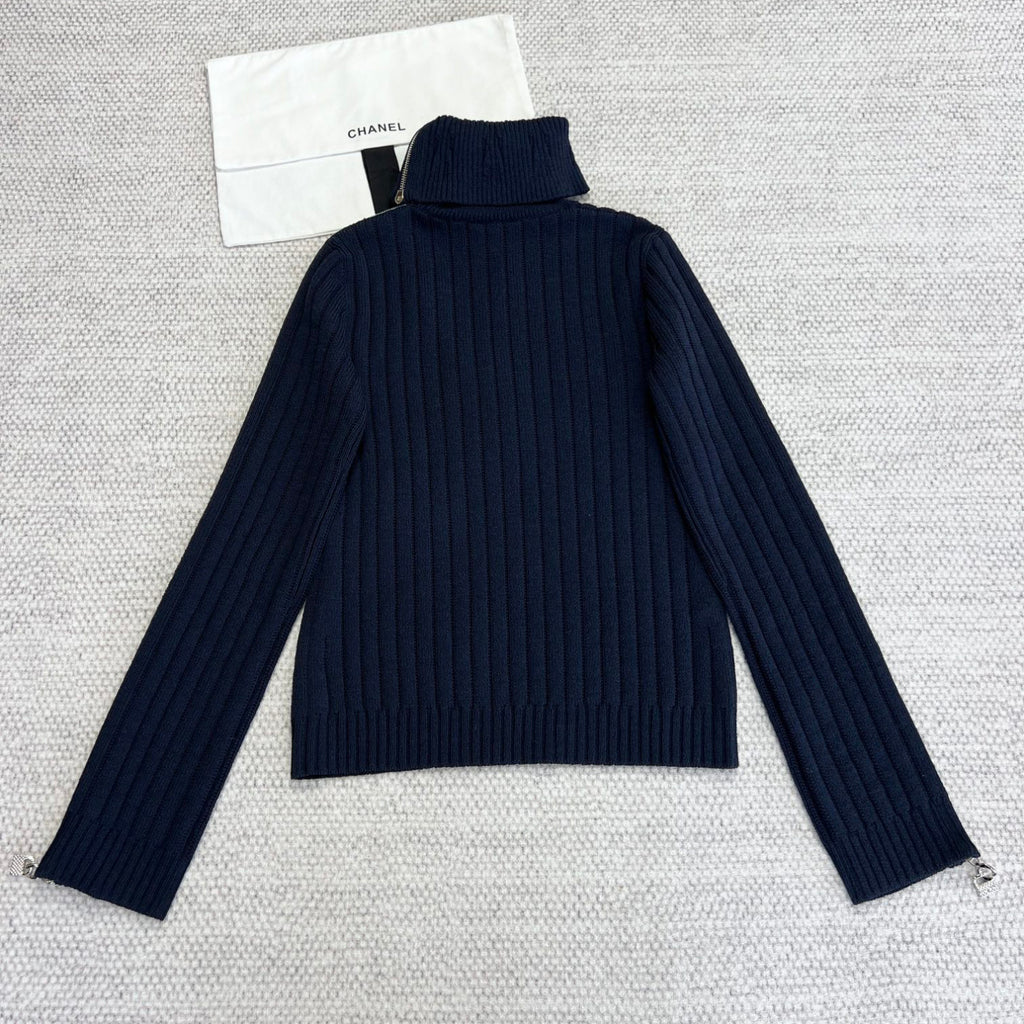 Women's Spring and Autumn Solid Color Slant Shoulder Zipper Wool Knit Sweater #73841