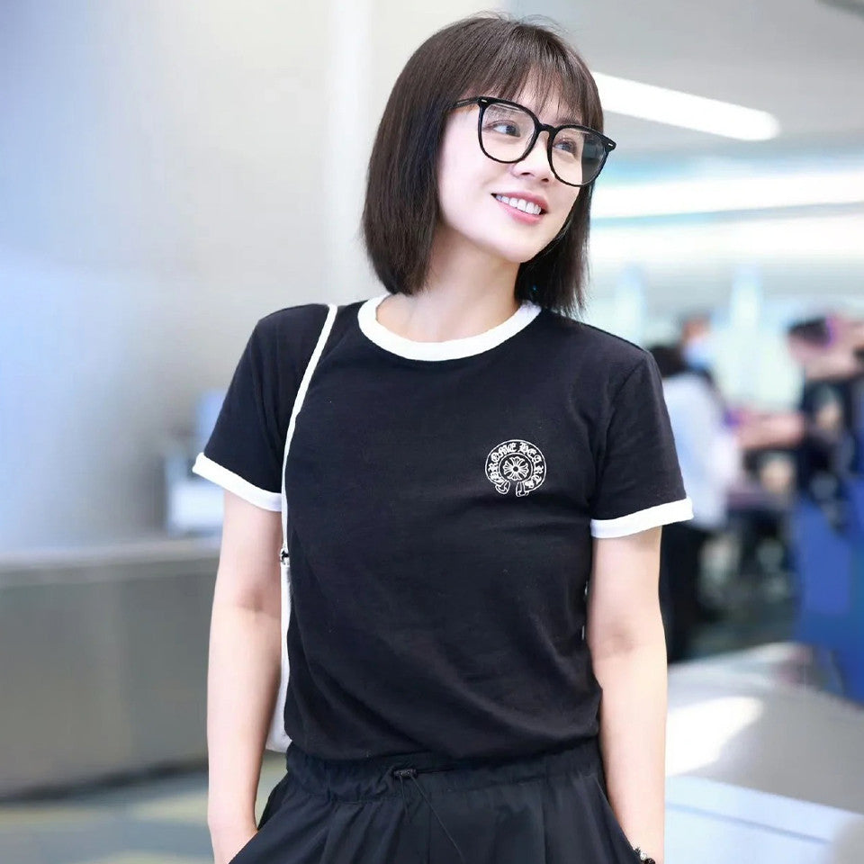 Women's Summer Solid Color Scroll Horseshoe Cross Print Cotton Fitted Straight Short Sleeve T-Shirt #71446