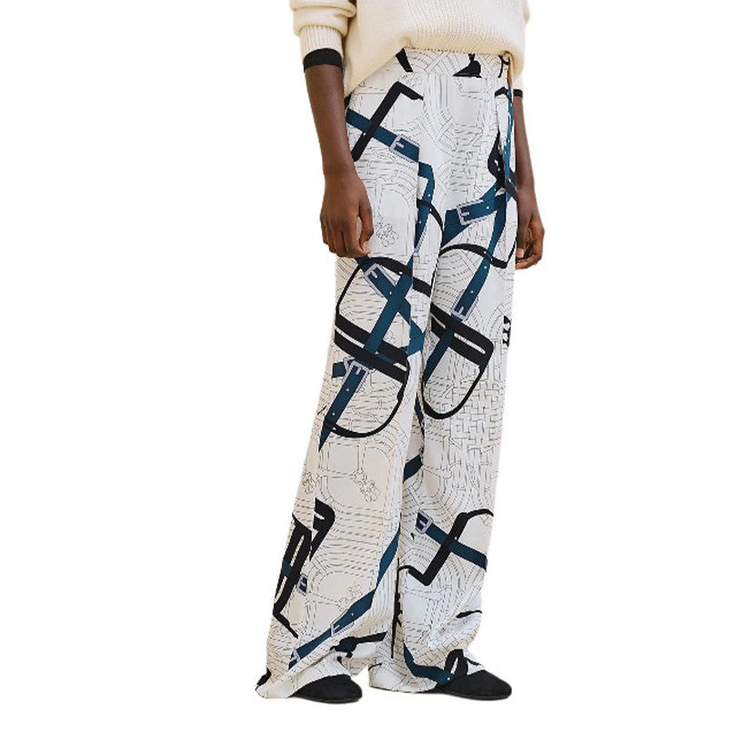 Women's Pattern Full Print Silk Mid-Rise Straight Leg Solid Color Casual Pants Ngvp #9635