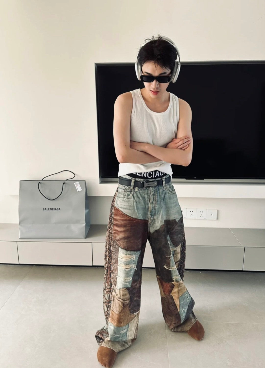 Men's Four Seasons Vintage Mud Dye Spliced Printed Loose Cotton Mid Waist Wide Leg Denim Pants Ngvp #8369